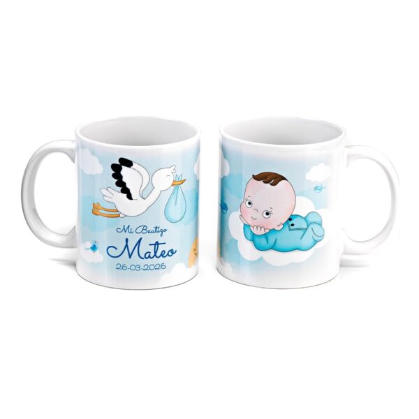 Taza bebé niño y cigüeña detalle bautizo