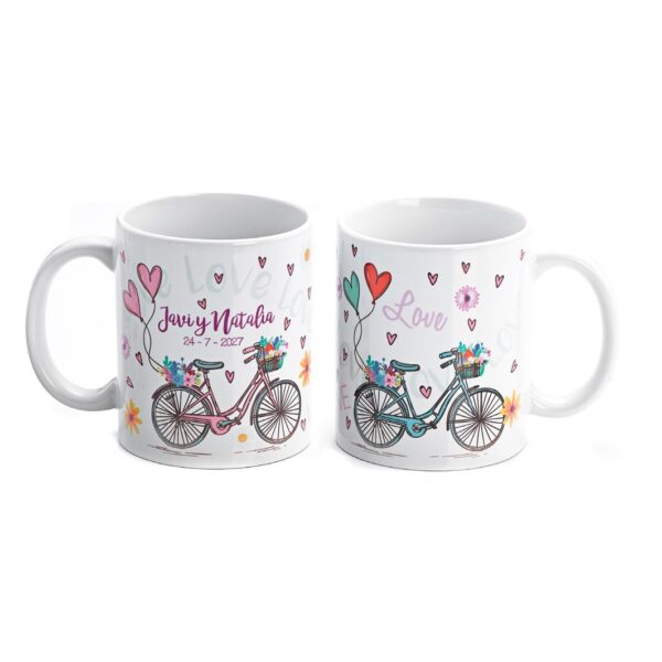 taza bicicleta corazones boda