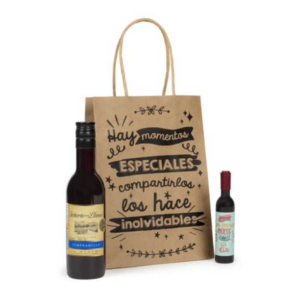 Botella de vino con abridor frases en bolsa Kraft detalles boda hombres