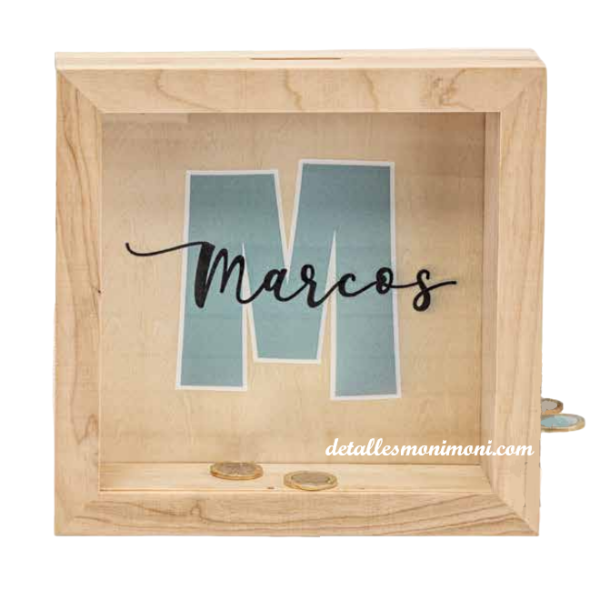 Hucha madera inicial azul